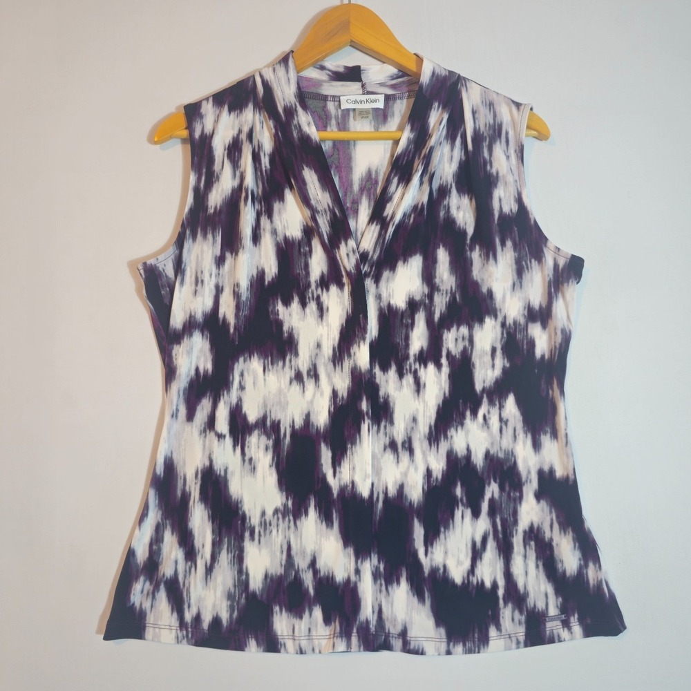 Calvin Klein Blouse Top Womens Medium Purple White Abstract Print V Neck Stretch